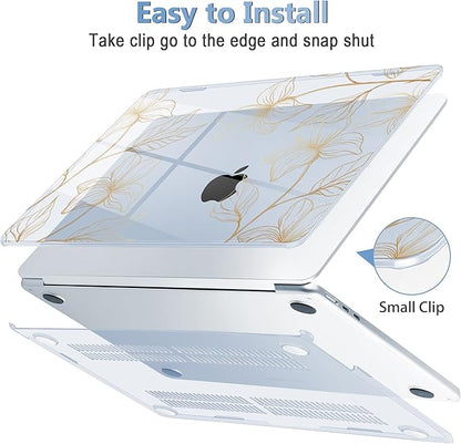 Mektron for 2025 MacBook Air 15 inch M4 Case A3241/ 2024 M3 A3114/ 2023 A2941 M2 Hard Printed Case with 15.3 Liquid Retina Display Touch ID, Plastic Hard Cover & Keyboard Skin- Gold Flower S718-Blue