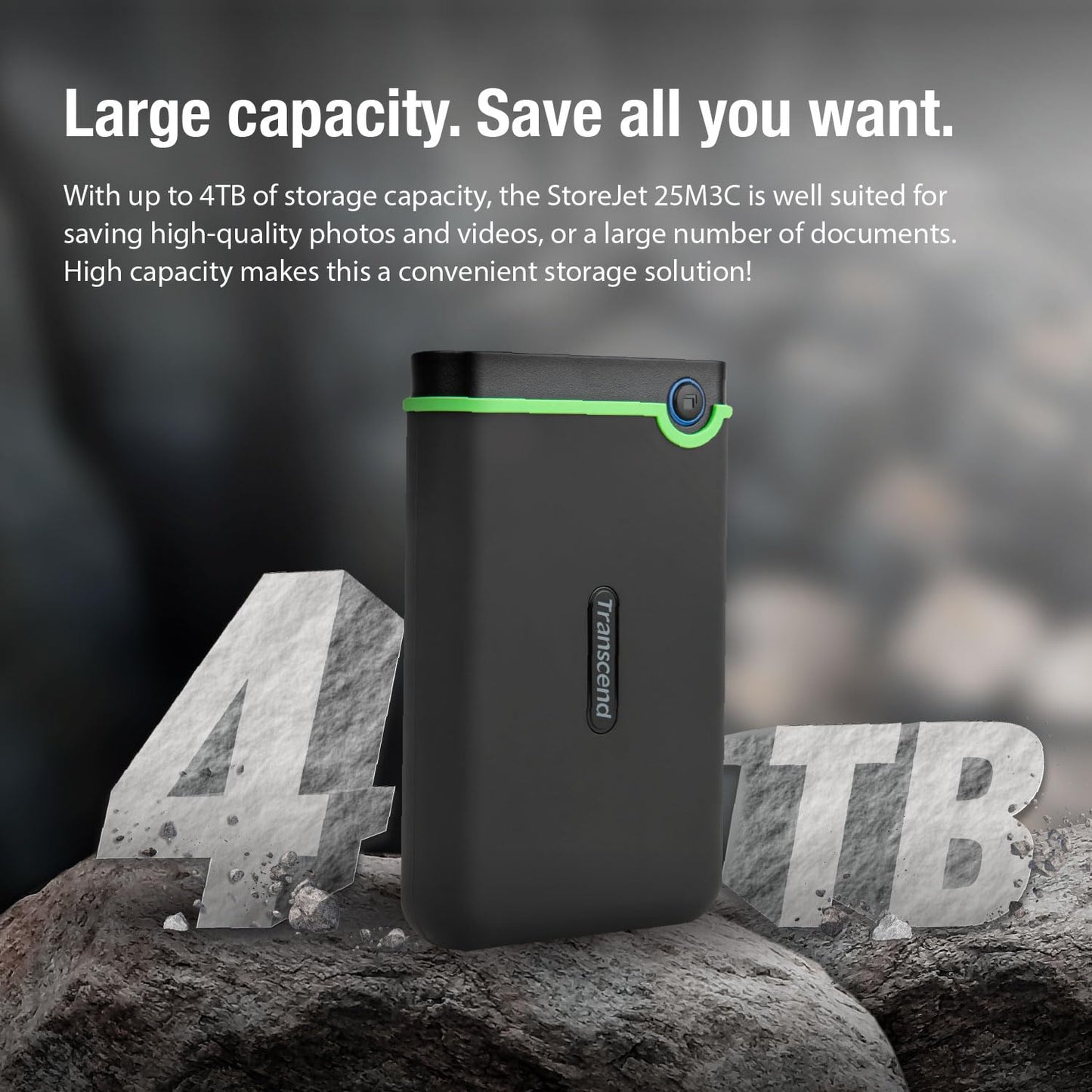 Transcend StoreJet 2TB Rugged External Hard Drive, for PS4/PC/Mac/Desktop, Laptop/Xbox One/Xbox 360, USB3.1Gen1(5Gbps) Type-C Portable HDD/One Touch Auto-Backup Button/Anti-Shock Resistant-TS2TSJ25M3C