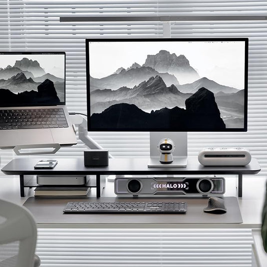 ROCDEER Bamboo Dual Monitor Stand Riser Black, 2-Tier Desk Monitor Riser for 2 Monitors, Supports for PC Computer Monitor, Printer, Heavy TV Riser up to 300 lbs