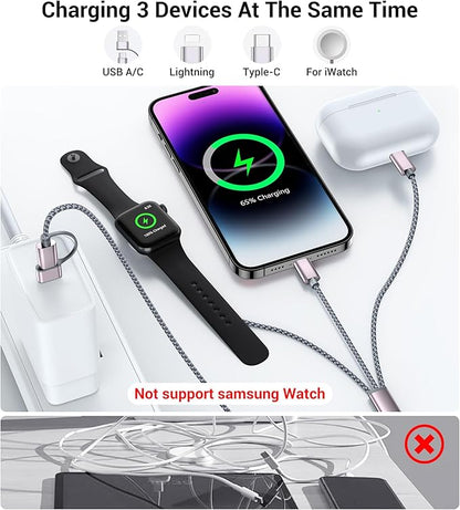 Temdan for Travel Essentials,3 in 2 USB C Cable for Apple Watch Charger/iPhone 16 Charger/Lightning,Multi Charging Cable Cord,Vacation Camping Essentials,Portable Designed for iWatch &iPhone 16-12-4FT