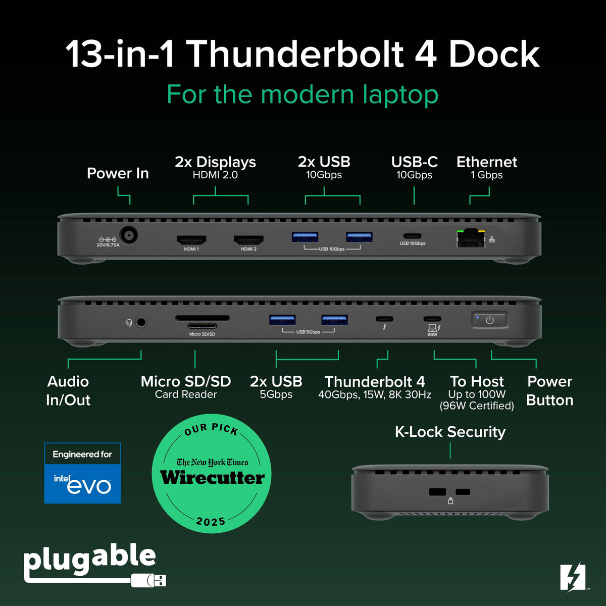 Plugable Thunderbolt 4 Dock with 100W Charging, Dual Monitor