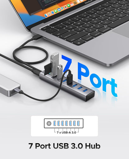 ORICO 7-Port USB 3.0 Hub, Aluminum USB Multiple Adapter, 5Gbps USB Extender USB Splitter with 1.64Ft Cable, UBS-A Hub Long Cable for Desktop, PC, Flash Drive, Mobile HDD, Windows/XPS