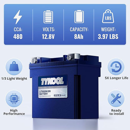 TYKOOL YTX14L-BS 3X Cranking Amps,5X Life, Lithium LiFePO4 Motorcycle Battery,12V 8Ah,480CCA,Digital Readout, Built in BMS,Powersports Battery, Compatible for Harley-Davidson, BRP (Sea-doo) Spark 900