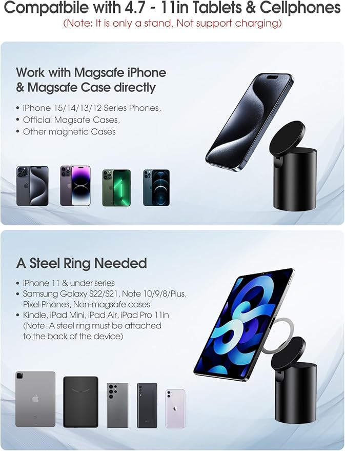 elitehood Heavy Duty Aluminum Magnetic Phone Stand, for Magsafe Stand for iPhone, Adjustable Cell Phone Holder for Desk, Computer Office Desk Accessories, Fits 4-11in iPhone, Kindle, iPads, Tablets