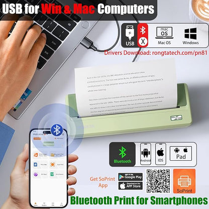 Rongta Inkless Portable Printer for Travel, Wireless Thermal Printer Support 8.5 x 11 inch A4/ US Letter, Bluetooth Compatible with Android/iOS Smartphone for Home Use (Green)