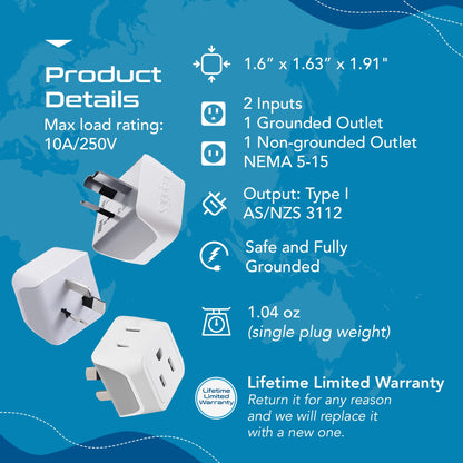 Ceptics Australia Plug Adapter, 2-in-1 Type I, Dual USA Input - 3 Pack