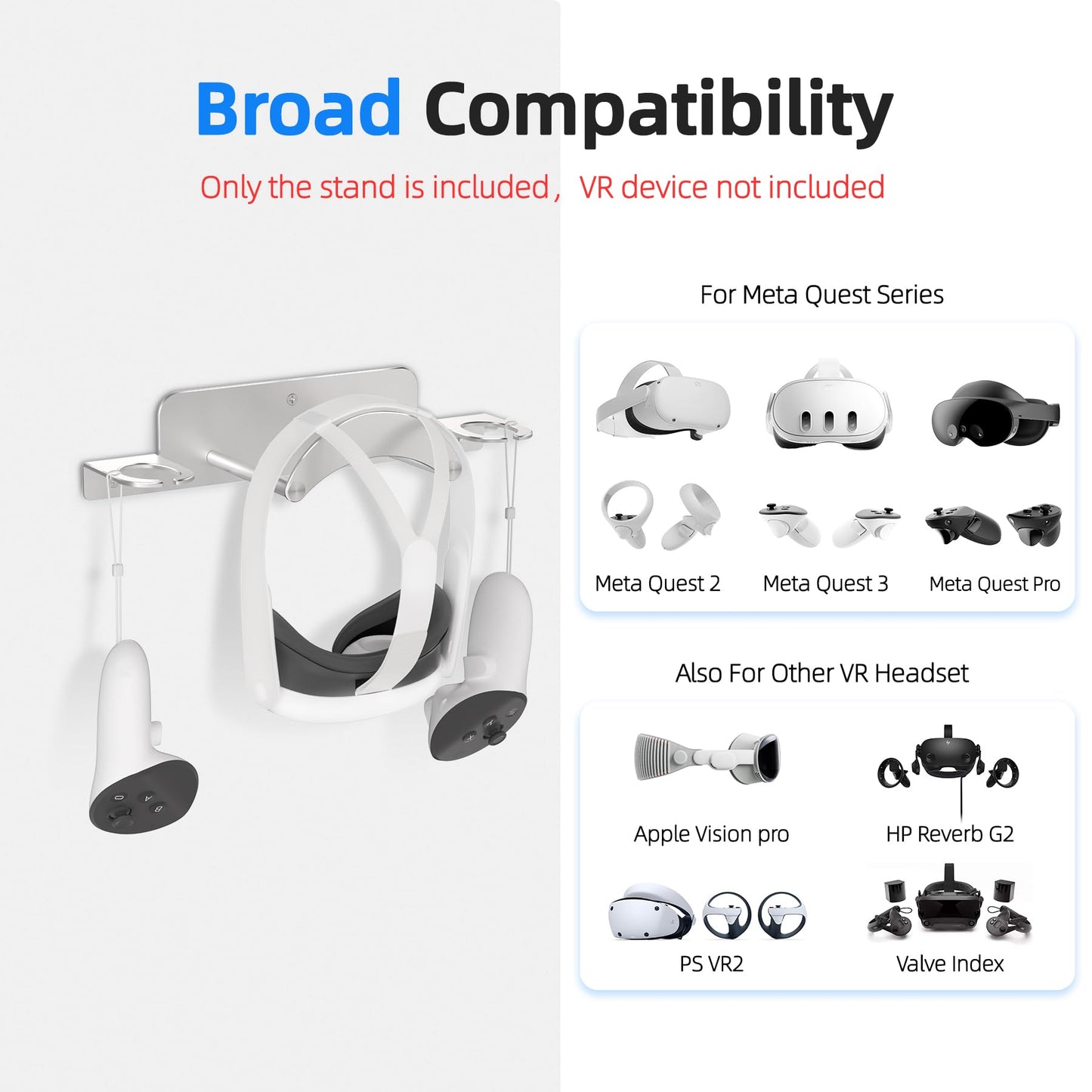 ANSHAWTIY VR Wall Mount Aluminum Alloy,VR Headset Wall Mount Storage Stand Hook Compatible with Meta Quest 3/Quest Pro/Quest 2,Quest 3 Stand with 2 Storage Way,Desk Space Saving(Silver)