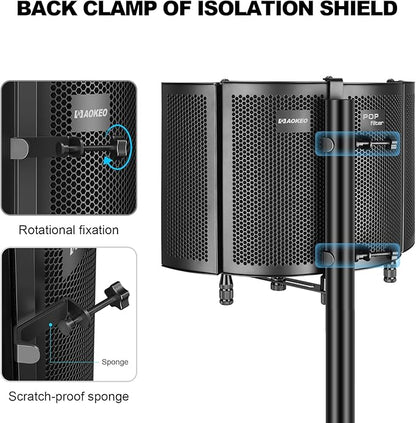 Professional Studio Recording Microphone Isolation Shield, Pop Filter,High density absorbent foam is used to filter vocal. Suitable for Blue Yeti and other condenser microphones (AO-504 With Stand)