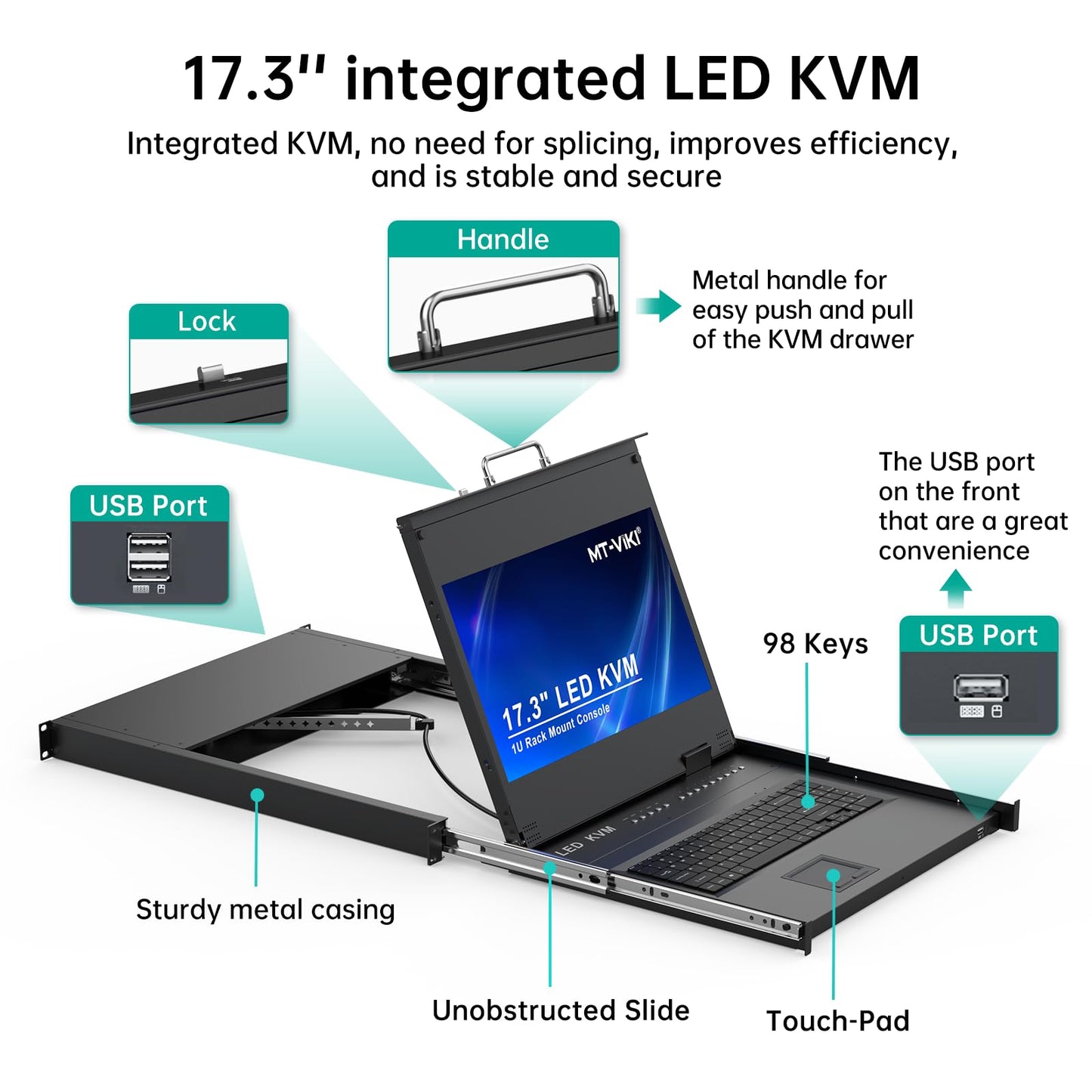 MT-VIKI® KVM Rack Mount HDMI with 17.3'' LCD Monitor, 1080P@60Hz Support OSD/Hotkey, Included 8 KVM Cables+Keyboard + Touchpad, Fit 1U 19'' Rack, Mount Depth 23.6-31.8"
