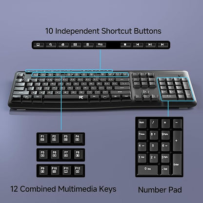 Redragon BK-7367 2.4G Wireless Keyboard, Membrane Computer Keyboard with 10 Individual Multimedia Keys, Spill Resistant Adjustable Kickstand AA Battery