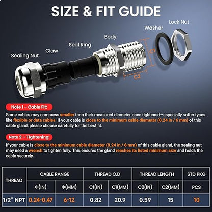 QILIPSU 4pcs 1/2" NPT 304 Stainless Steel Cable Gland Long Thread Waterproof IP68 Metal Strain Relief Cord Grip Cable Pass Through Wire Connector