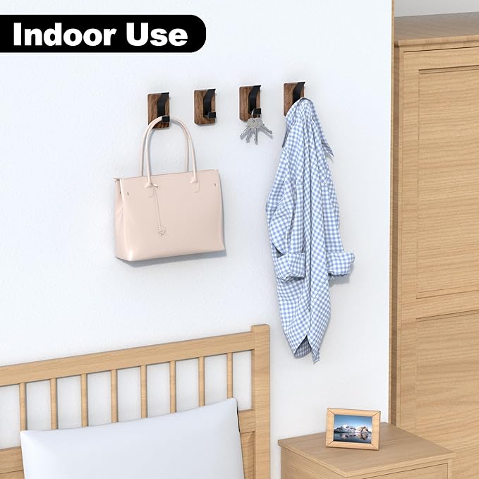 4 PCS Black Walnut Wood Wall Hooks Adhesive Mounted & Wall Mounted Rustic Decorative Entryway Hooks Mid Century Modern Natural Wooden Pegs for Hanging Coat Clothes Hat Bag Purse and Towel