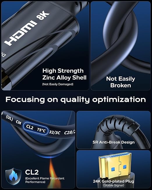 Fiber Optic HDMI Cable 65FT/20M Long - 8K 48Gbps High Speed HDMI Cord/CL2/8K 60Hz/4K 120Hz,HDCP 2.2&2.3,HDR10 - Compatible with HDTV/Monitor/Projector