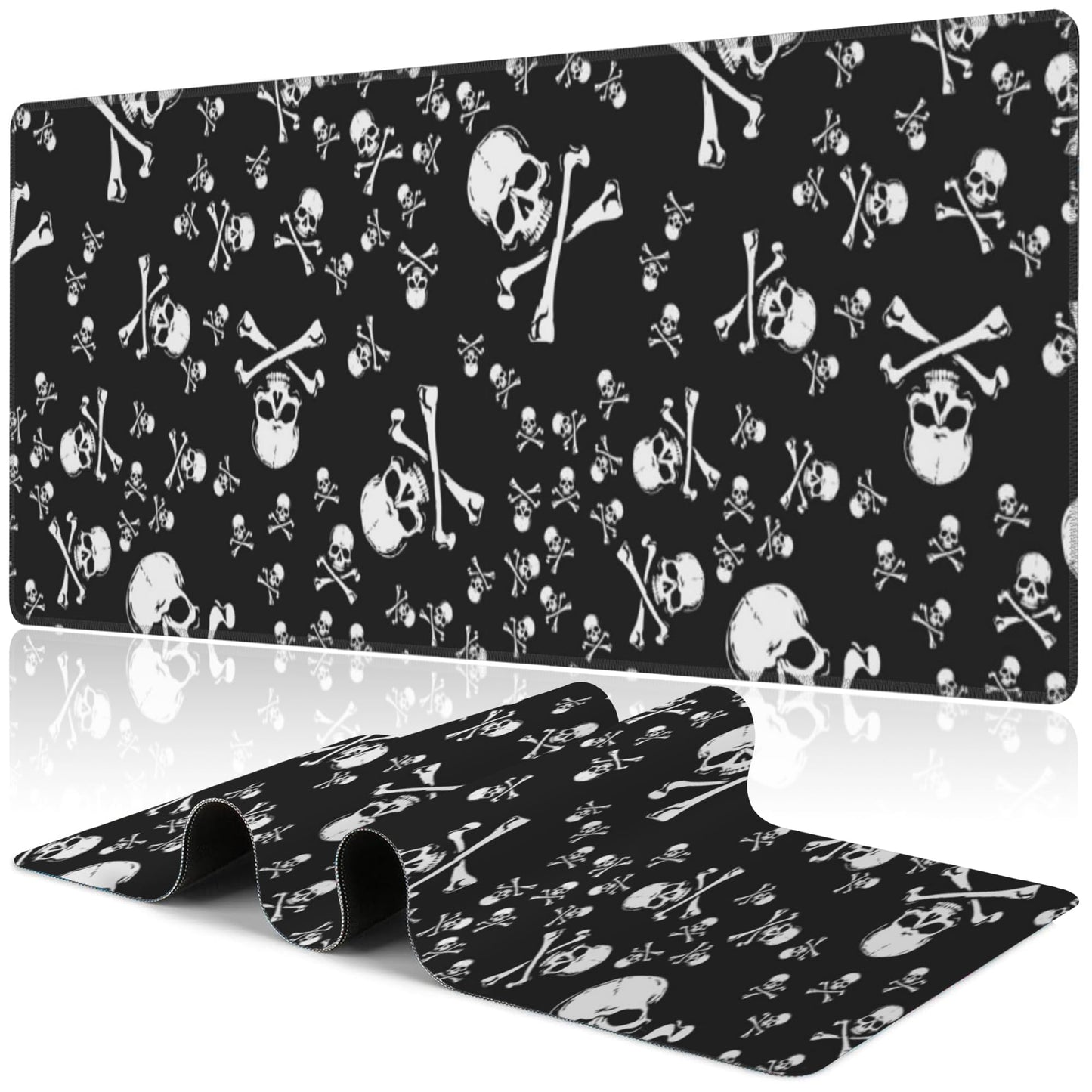 Skull Head Desk Mat,Large Pirate Skull Crossbones Gaming Keyboard Mouse Pad,Non-Slip Rubber Base Desk Pad Thick Stitched Edges Waterproof Mousepad Mouse Mat 31.5"x11.8"