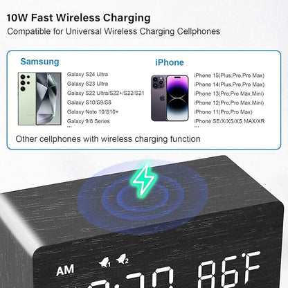 MOSITO Digital Wooden Alarm Clock with Wireless Charging, 0-100% Dimmer, Dual Alarm, Weekday/Weekend Mode, Snooze, Wood LED Clocks for Bedroom, Bedside, Desk, Kids (Black)