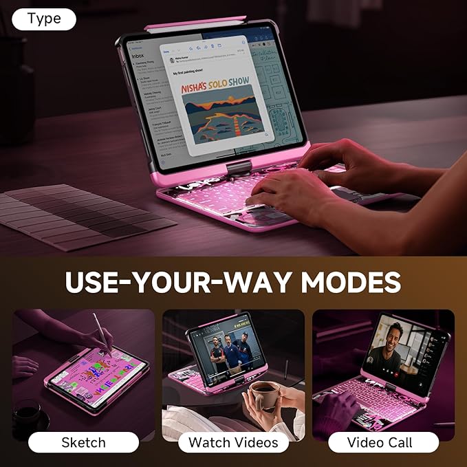 Transparent Case with Keyboard iPad Air (M3/M2,2025/2024) 11 Inch,Compatible 10.9" iPad Air 5th/4th & 11" iPad Pro 4/3/2/1,7-Color Backlit,Wireless Keyboard, 360°Rotating,with trackpad,Pink