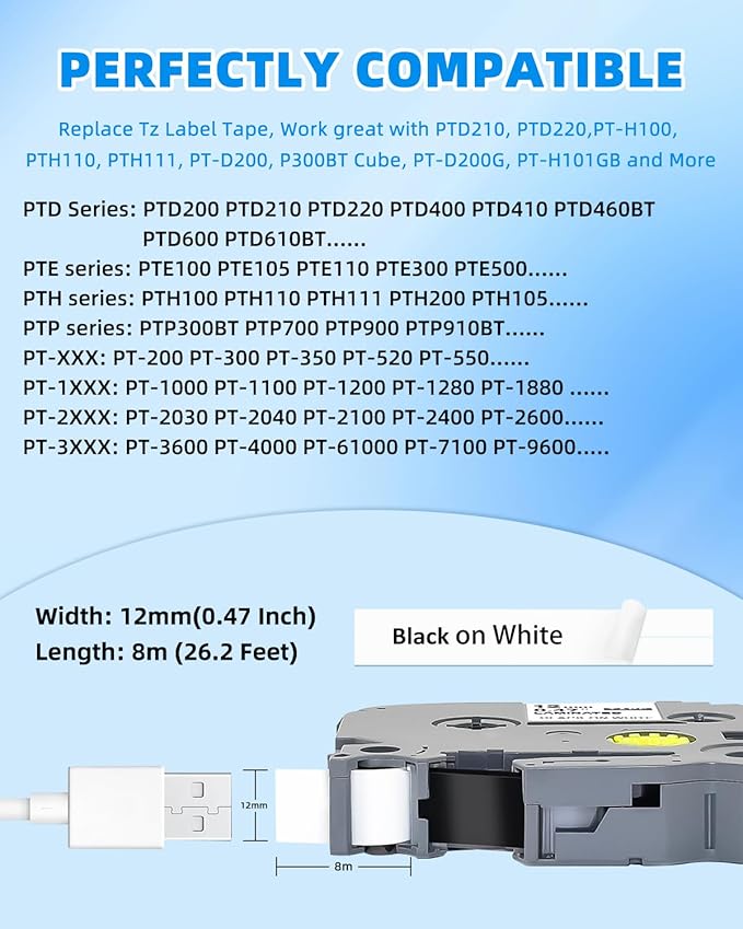 15-Pack 12mm 0.47 Inch Laminated White TZe Tz Tape Replace for Brother Label Maker Tape TZe-231 Compatible with P Touch Label Maker PT-D210 PT-D220 PT-D200 PT-H100 PT-D400 PT-D600
