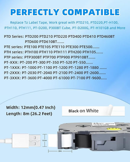 15-Pack 12mm 0.47 Inch Laminated White TZe Tz Tape Replace for Brother Label Maker Tape TZe-231 Compatible with P Touch Label Maker PT-D210 PT-D220 PT-D200 PT-H100 PT-D400 PT-D600