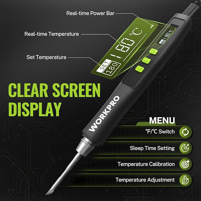 WORKPRO DC Soldering Iron Kit, Fast Heating Soldering Iron Pen with 3 Tips, Portable Lightweight Solder Iron for Electronics, Metal, DIY, Accurate Temp Control, OLED Screen Display, PD/QC Protocols