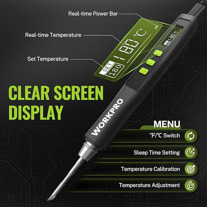 WORKPRO DC Soldering Iron Kit, Fast Heating Soldering Iron Pen with 3 Tips, Portable Lightweight Solder Iron for Electronics, Metal, DIY, Accurate Temp Control, OLED Screen Display, PD/QC Protocols