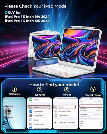 SIBEITU Keyboard Case for iPad Pro 13 Inch M5 2025 / M4 2024, Clear Wireless Keyboard iPad Pro 13inch Cover with Multi-Touch Trackpad, 7-Color Backlight & 3-Brightness, Visible PCB Tech Design, White