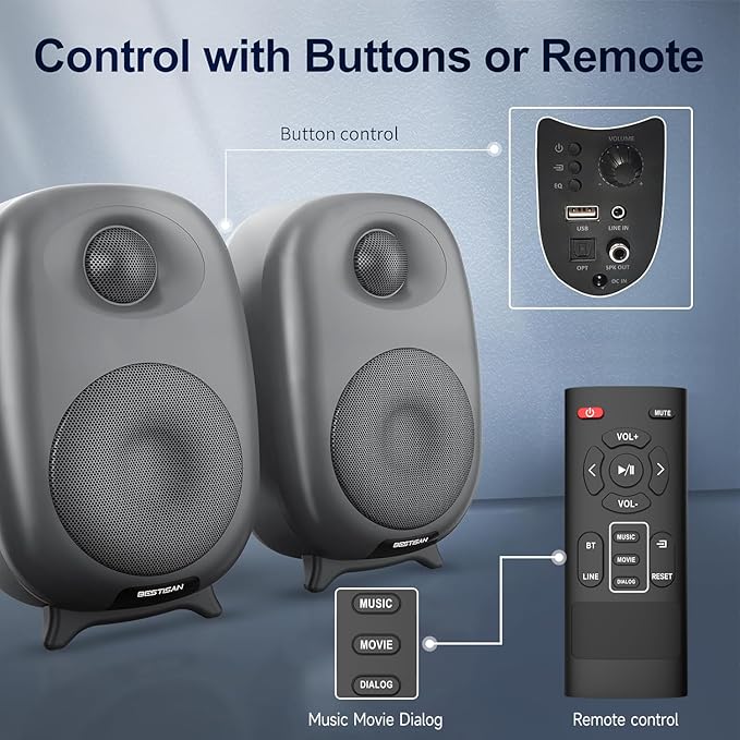 BESTISAN Bookshelf Speakers, 60 Watt Powered Studio Monitor Speaker with Bluetooth 5.0 and Wired Optical Line in Input Port, Bass and Treble Adjustable, Deep Bass, 3 Audio Mode Design (Gray)