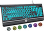 Large Print Backlit Computer Keyboard, USB Full Size Wired Keyboards with 7-Colors Backlight, Wrist Rest, Light Up Keyboard for Windows, PC, Laptop - Easy to See, Easy to Setup