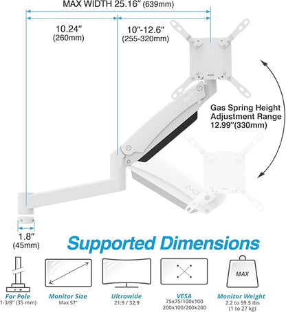 AVLT Single 57 Inch Heavy Duty Monitor Arm Add-On Kit for Pole Top Mount-White, Fits 1.38" Pole, for Super Ultrawide Screen, Supports 59.5lbs (27kg), VESA Compatible, Workspace Upgrade Extension Arm