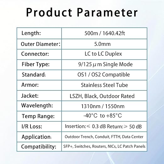 500M/1640FT LC to LC Armored Outdoor Fiber Optic Cable, Single Mode Duplex 9/125μm SMF Fiber Patch Cord, OS1/OS2 Compatible, Black LSZH Jacket, Uniboot Jumper for FTTH, Data Center, Long-Distance Use