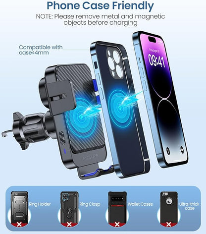 Wireless Car Charger, MOKPR 15W Fast Charging Auto-Clamping Car Mount Hands-Free Car Charger Mount for Dash Windshield Air Vent Compatible with iPhone 16 15/14/13/12, Samsung S23/S22/S21,Blue