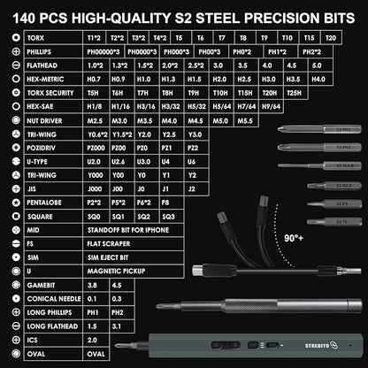 STREBITO Mini Electric Screwdriver Set 155 in 1 Small Powered Screwdriver Cordless, 140 S2 Magnetic Bits, 3 Torque Settings, 650mAh Battery, electronics tool kit for Computer, Laptop, RC, PC, Xbox