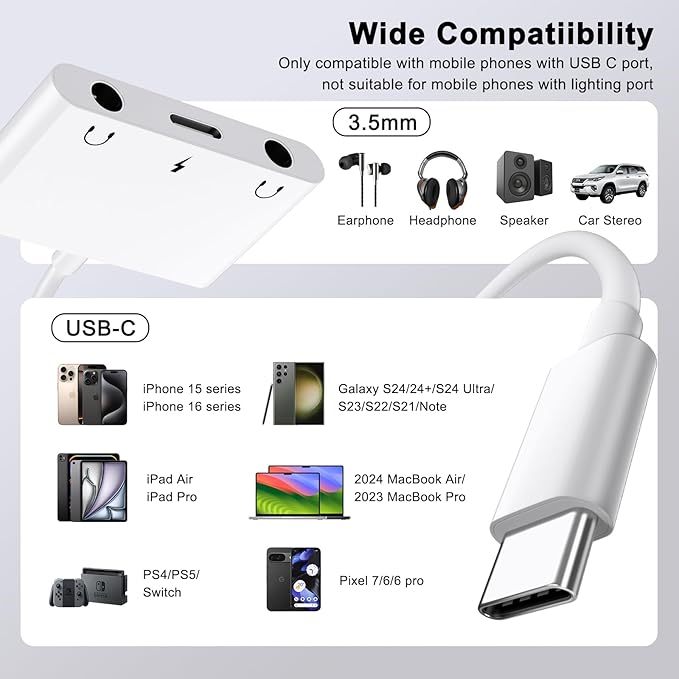 UWECAN USB C to 3.5mm Audio Adapter, 3 in 1 Aux to USB C Headphone Splitter Dual 3.5mm Audio Jack and PD 60W Fast Charging, Compatible for iPhone 15 16,Galaxy S22 S21/Note 20,Pixel 4 3 XL,Huawei,etc