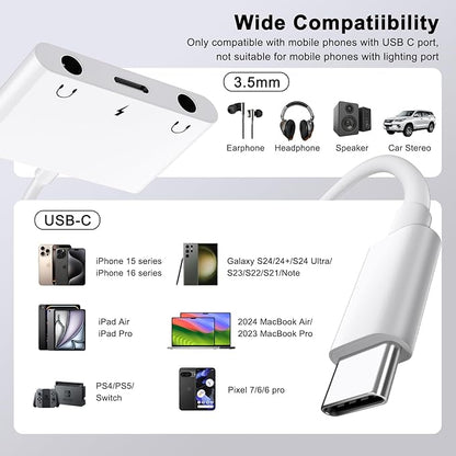 UWECAN USB C to 3.5mm Audio Adapter, 3 in 1 Aux to USB C Headphone Splitter Dual 3.5mm Audio Jack and PD 60W Fast Charging, Compatible for iPhone 15 16,Galaxy S22 S21/Note 20,Pixel 4 3 XL,Huawei,etc