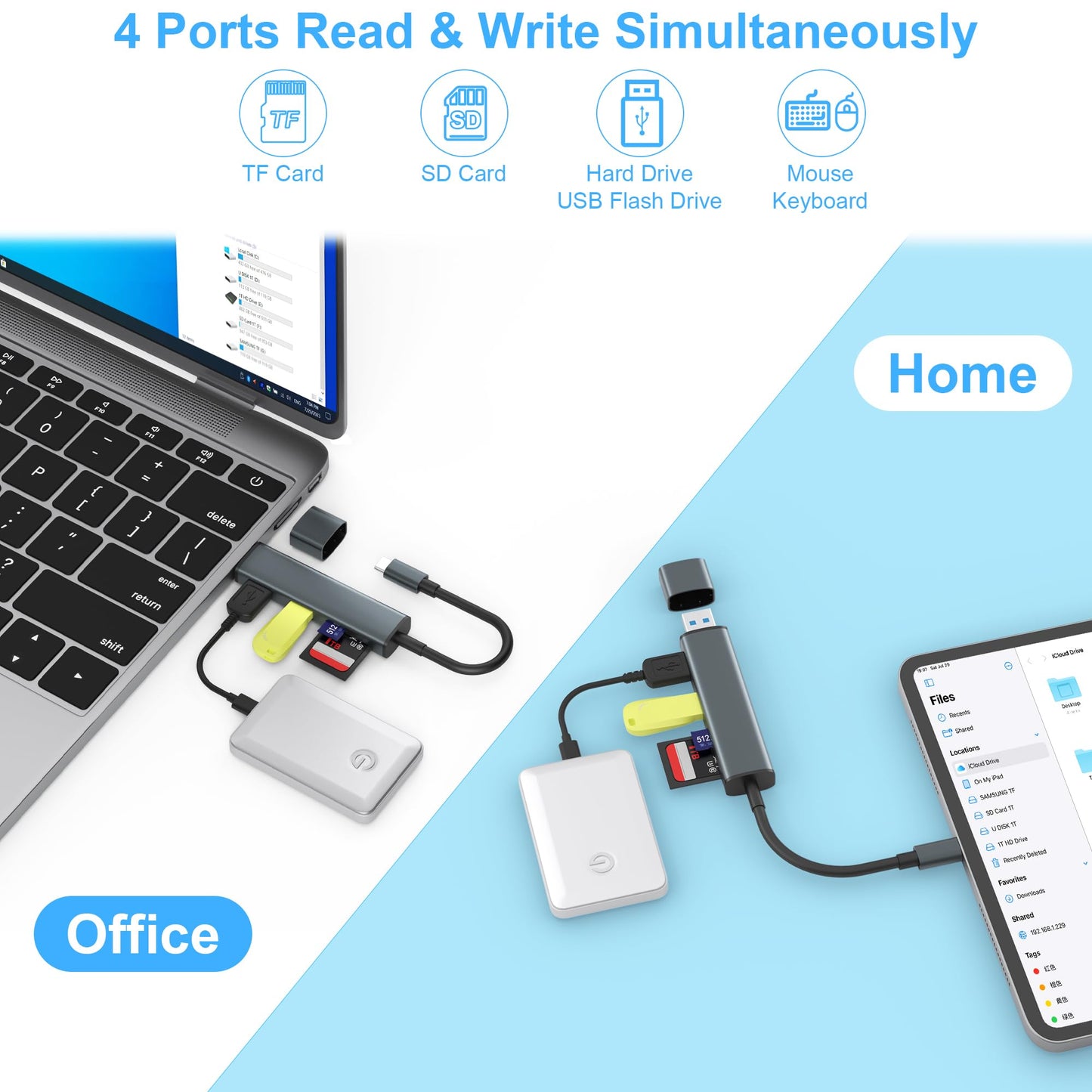 TIANSONG USB 3.0 SD Card Reader with Dual USB Ports, USB C SD Card Reader for iPhone 15/iPad/Mac 4 Ports Read and Write Simultaneously Memory Card Adapter for MacBook Pro/Air iMac Android S23 S22