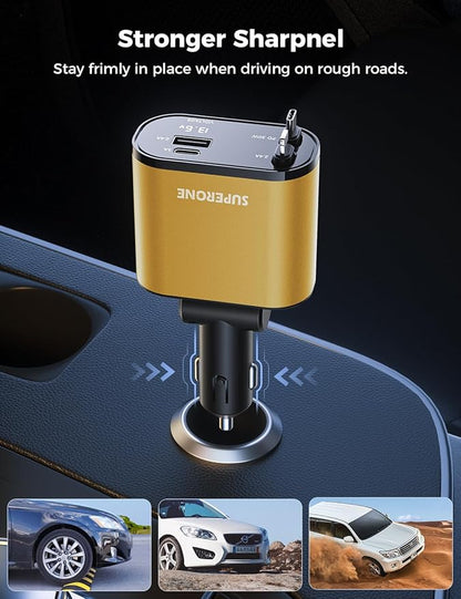 【Upgraded】 SUPERONE Retractable Car Charger 4 in 1, Fast Car Phone Charger with Cord 2.6ft, USB C and Apple Car Charger Adapter, Compatible with iPhone 15/15 Pro Max/14/13/12/11, Galaxy, Pixel