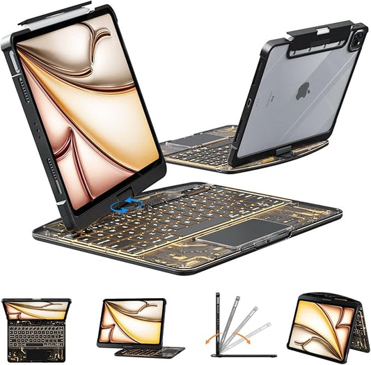 KARTICE Transparent 360 for iPad Keyboard case with Wireless Keyboard for iPad 7/8/9th 10.2 inch, Multi-Touch Trackpad, 7 Color Backlight, 360° Rotating Stand with Pencil Holder