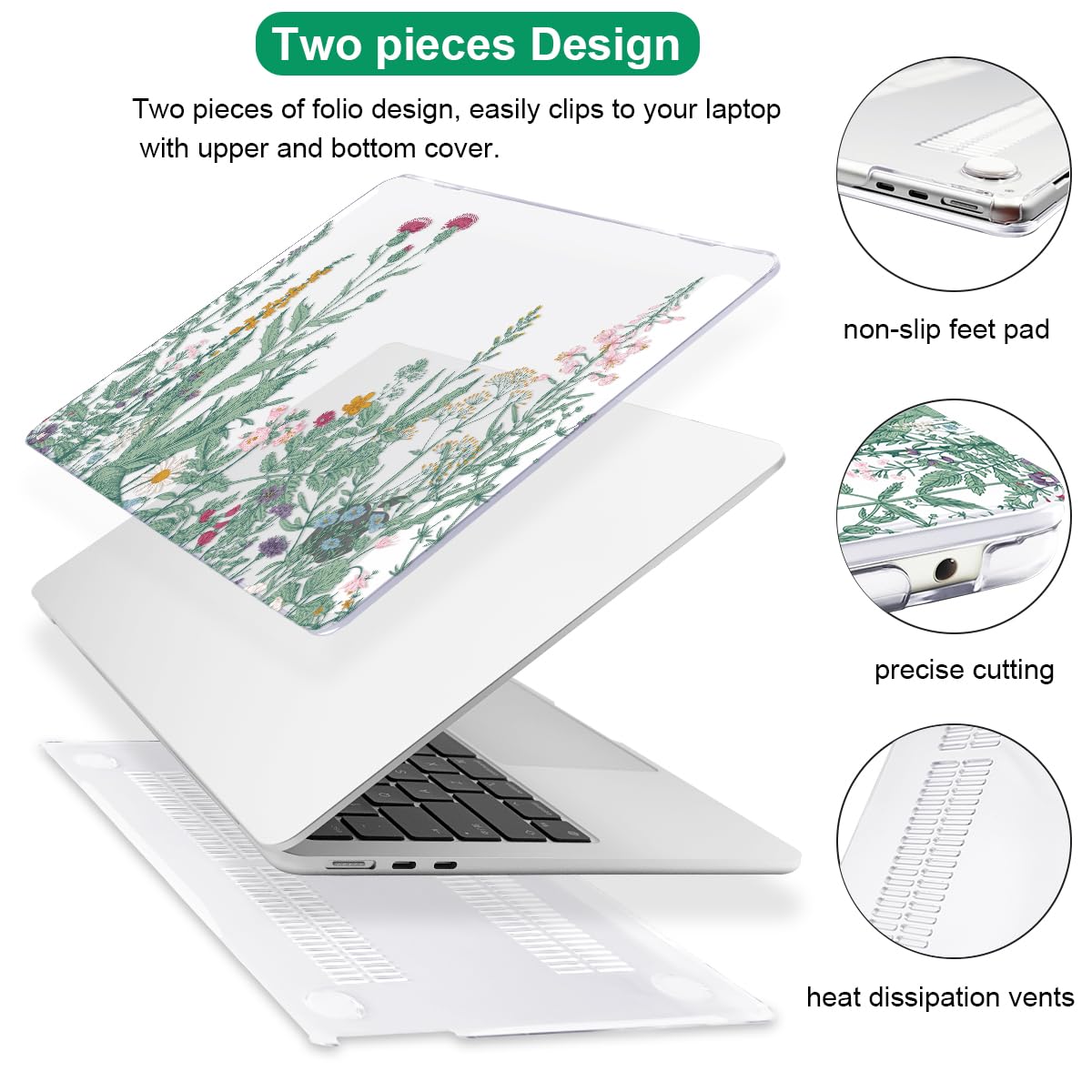 LCMOCICO for MacBook Air 13 Case M5 M4 M3 M2 2026-2022,Green Plants Flowers