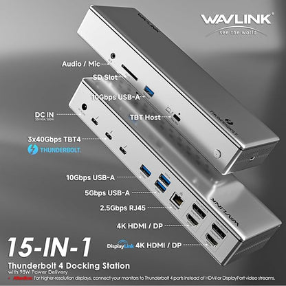 Thunderbolt 4 Dock, WAVLINK Docking Station with Quad 4K@60Hz Monitors, Four Thunderbolt 4 Ports, 98W PD, 2.5G RJ45 Ethernet, SD V4.0, 10Gbps USB3.1, for MacBook Pro/Air etc
