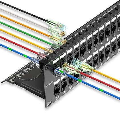Sokqovt Patch Panel 48 Port Cat6 with Coupler Keystone, Cat6 Network Patch Panel 10G No Punch Down, Time-Saver Ethernet 2U Rj45 Panel with Sturdy Back Bar, 19 Inch Coupler Network Panel