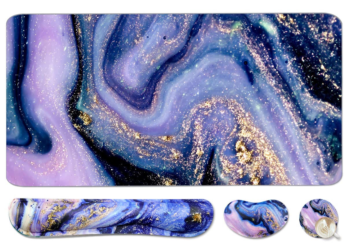 Keyboard Mouse Pad Set, Extended Mouse Pad+Keyboard Wrist Rest Support, Memory Foam Ergonomic Easy Typing, 3Pcs (35.4×15.7 in) Desk Pad Set for Home Office Study Game - Malachite Marble