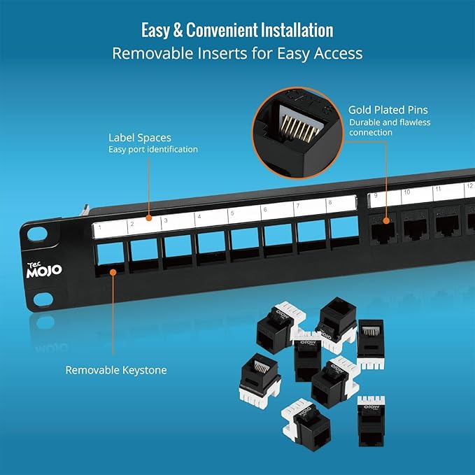 Tecmojo Patch Panel 24 Port, Keystone Patch Panel for Cat 6 /Cat 5e/Cat 5, 1U Cat6 Patch Panel fit 19in AV/Audio Rack&Cabinet, Rack Mount Network Patch Panel with Cable Management,Unshielded