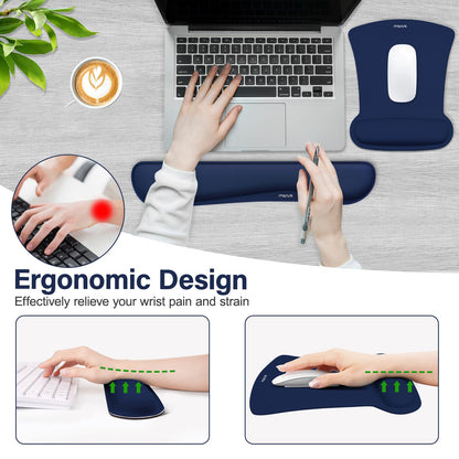 MOSISO Wrist Rest Support for Mouse Pad & Keyboard Set, Ergonomic Mousepad Non-Slip Base Home/Office Pain Relief & Easy Typing Cushion with Neoprene Cloth & Raised Memory Foam, Navy Blue