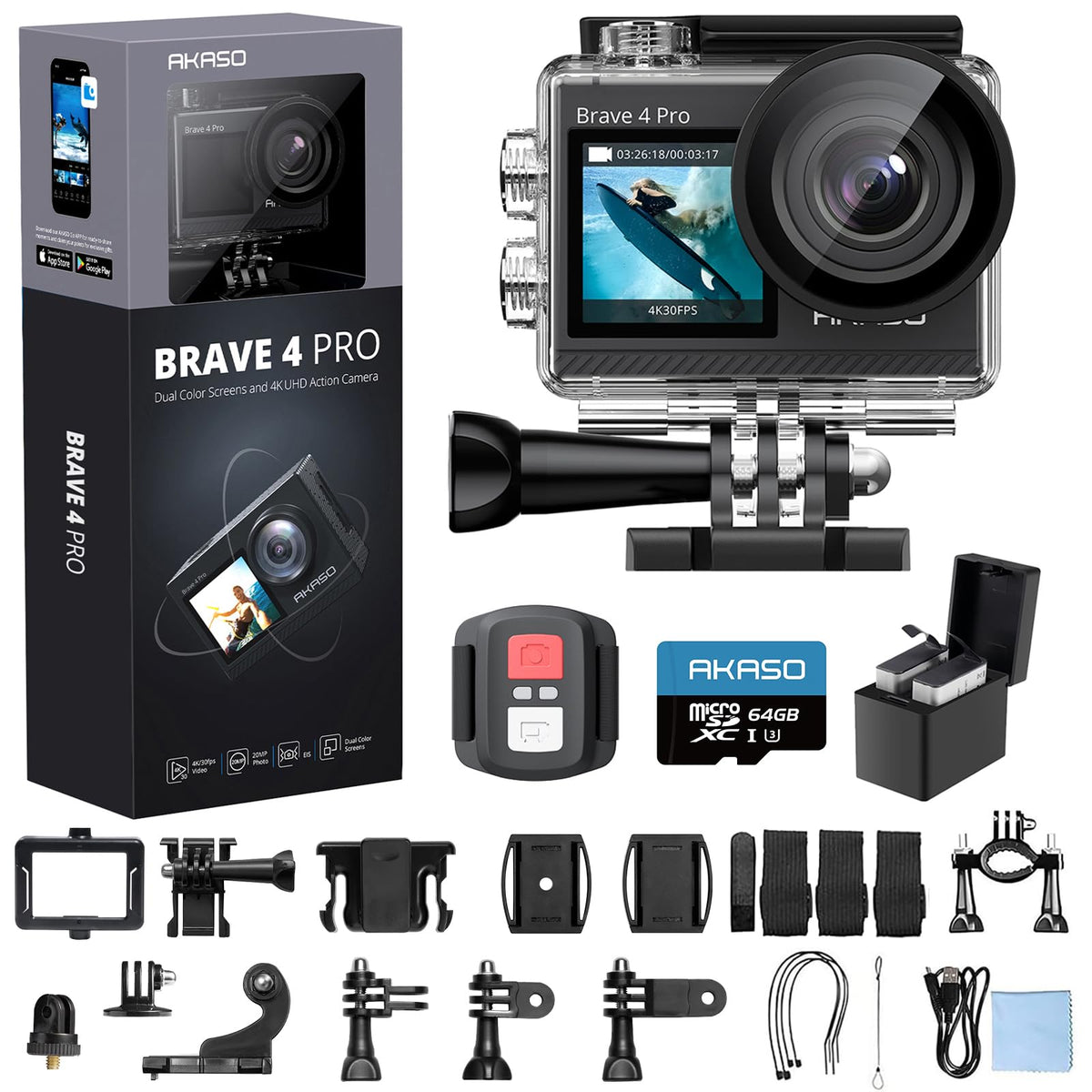 AKASO Brave 4 Pro Action Camera 4K with 256GB MicroSD U3 Card Bundle