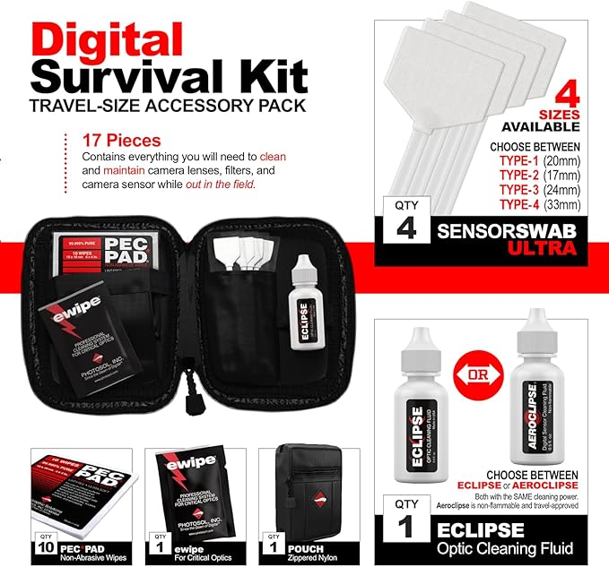Photographic Solutions Digital Survival Kit - Type-3 (24mm) Sensor Swabs, PEC-PAD Photo Wipes, E-Wipe Packet, Eclipse Optic Cleaning Fluid - Camera Cleaning Kit with Travel Bag