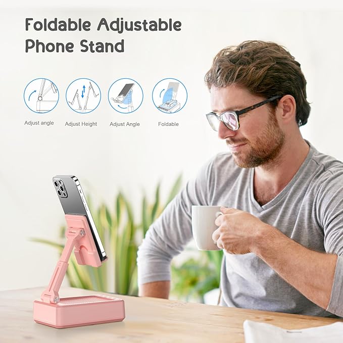 TechGlow Gifts for Men Women Foldable Cellphone Stand with Bluetooth Speaker and Power Bank Birthday Gift Idea for Mom Dad Cool Gadget Tech Gifts-Pink