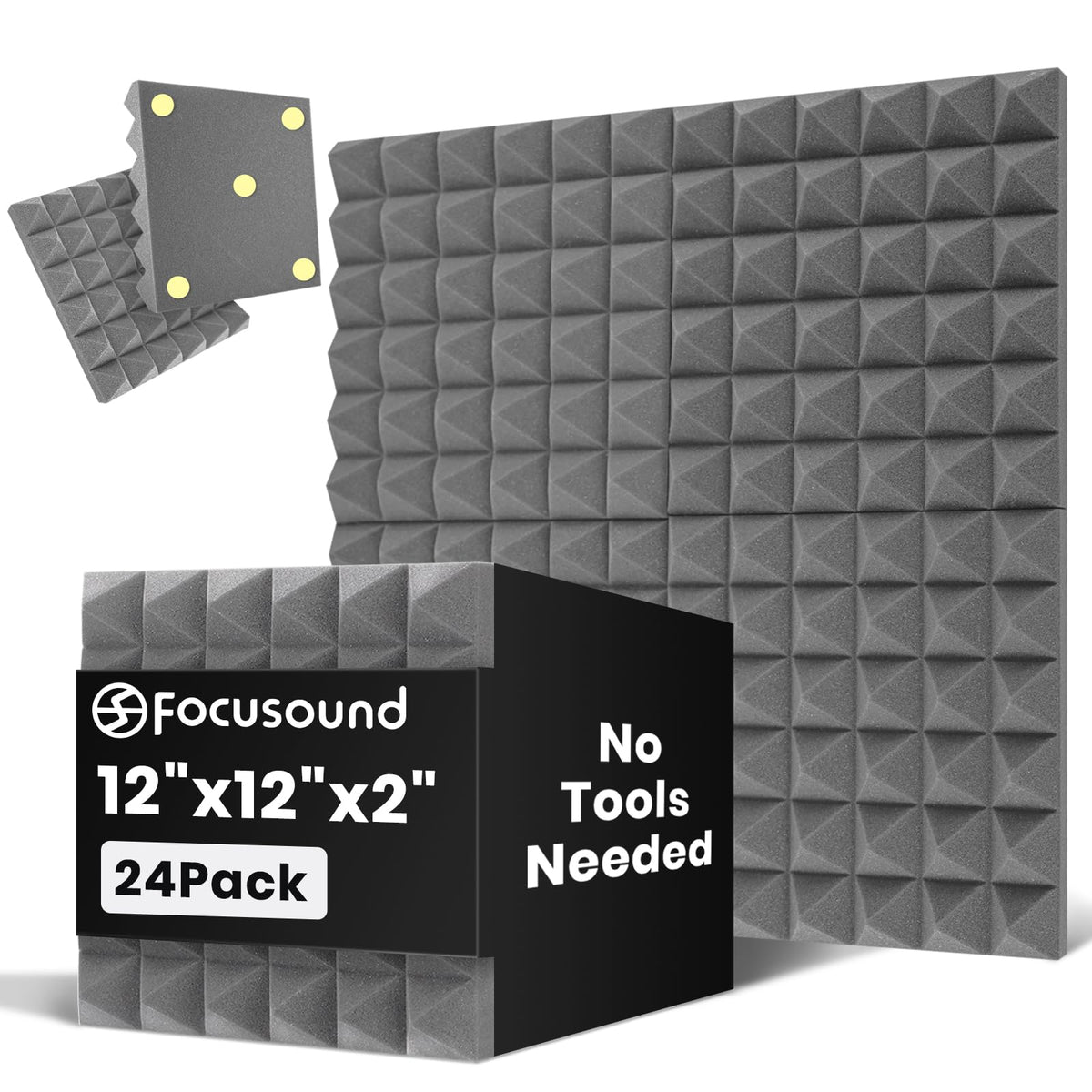 Focusound White Acoustic Panels 24 Pack 2"x12"x12" with 120 PCS Double-Side Adhesive - Sound Proof Pyramid Foam for Walls, Home Studio Noise Absorption & Echo Control Kit