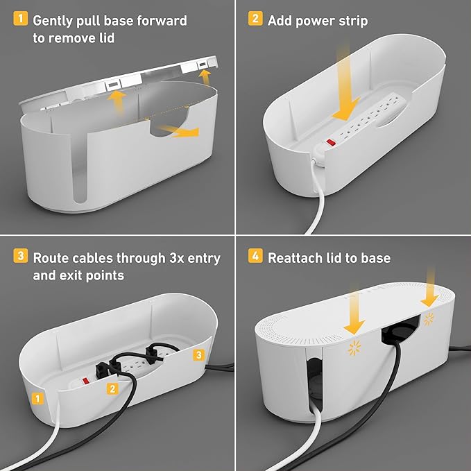 D-Line Cable Management Box, Power Strip Holder, Floor Outlet Hiders, Desk Cord Organizer, Cover TV Wires, Wire Storage, Extension Hider, Office Concealer for Cords, Baby Proof Cables - Large, White