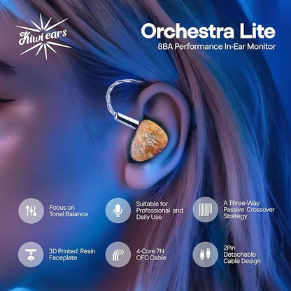 Linsoul Kiwi Ears Orchestra Lite Performance Custom 8BA in-Ear Monitor IEM with Detachable 4-core 7N Oxygen-Free Copper OFC Cable, Handcrafts Faceplate for Audiophile Studio Musician (Orange)