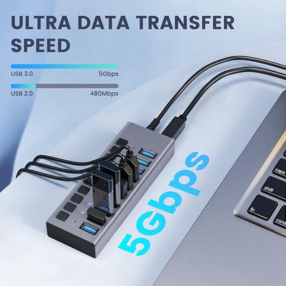48W Powered USB Hub - ACASIS 10 Ports USB 3.0 Data Hub, Individual On/Off Switches, 12V/4A Power Adapter, Aluminum Housing, USB Splitter for PC, Computer, Mobile HDD, Flash Drive