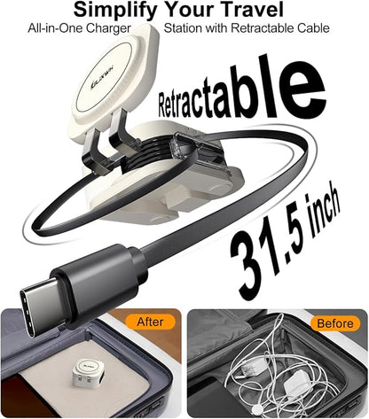 2025 Retractable 3 in 1 Charging Station for Apple,15W Fast for MagSafe Magnetic Wireless Charger with Retractable Cable, Foldable Travel Stand for iPhone 16 15 14 13 12 Pro Max iWatch Airpods